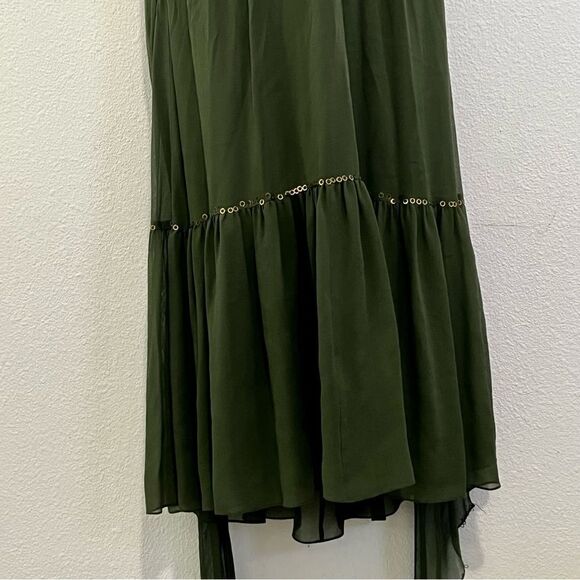 Y2K BCBG Maxaria Boho Green 100% Silk Chiffon Sequin Ruched Halter Dress 10 L - Picture 4 of 16